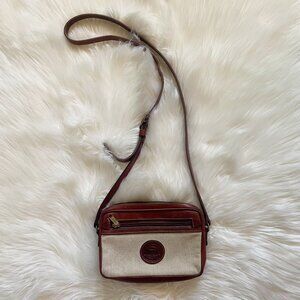 VTG Roots Red Brown Leather Cream Woven Canvas Crossbody Purse Bag